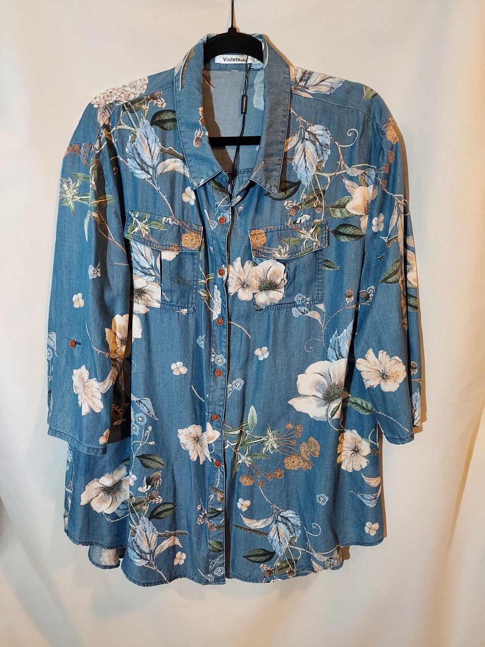 Violet Ruby Floral Denim Look Button Down Blouse Oversized Size L